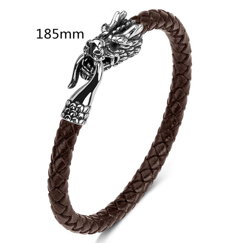 Dragon Protection Bracelet - Dragon head on brown leather cord, 185mm, Heritage