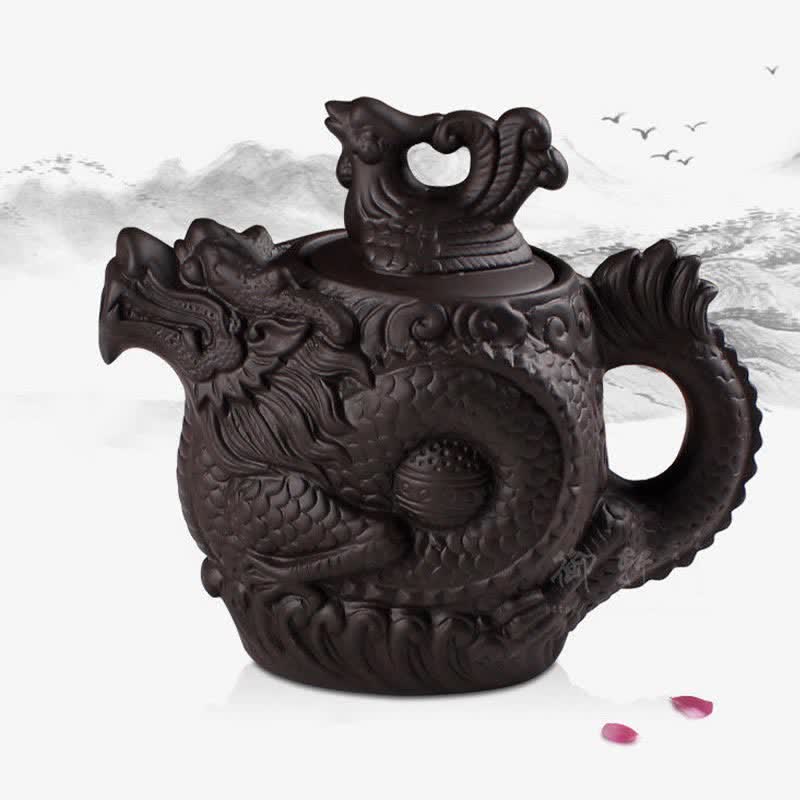 Vintage Dragon Phoenix Purple Clay Teapot – reddish-brown dragon teapot against Chinese ink wash painting, petal accents