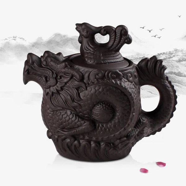 Vintage Dragon Phoenix Purple Clay Teapot – reddish-brown dragon teapot against Chinese ink wash painting, petal accents