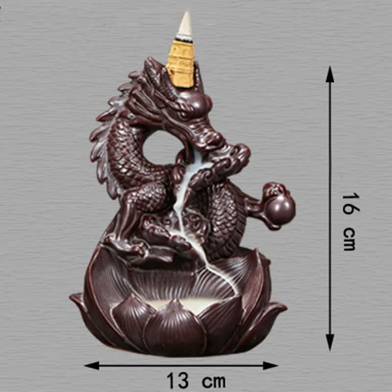Dragon Lotus Ceramic Incense Burner – Studio shot with 16x13cm dimension markers and visible smoke flow, Functional