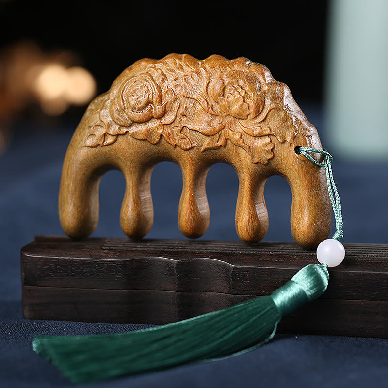 Green Sandalwood Koi & Lotus Tassel Comb, image 19