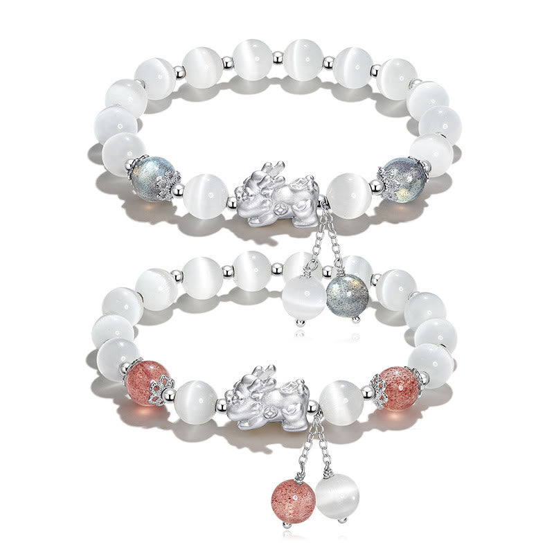 Cat's Eye PiXiu Bracelet – Two bracelets stacked, moonstone and strawberry quartz variations
