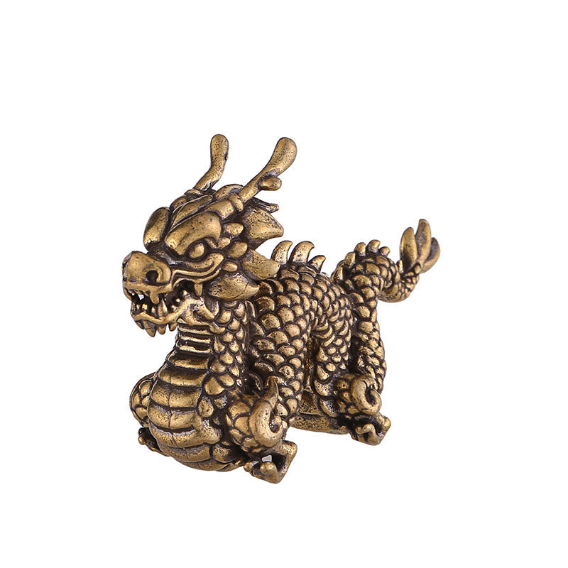 Auspicious Brass Dragon Decoration - White background catalog shot showing full crouching dragon, luck symbol