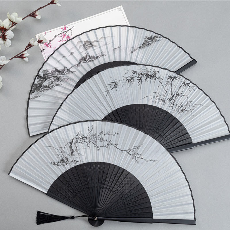 Ink Wash Folding Fan Set – Three black-ribbed fans with mountain, bamboo, and plum paintings, Chinese fan