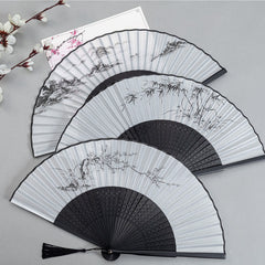 Ink Wash Folding Fan Set – Three black-ribbed fans with mountain, bamboo, and plum paintings, Chinese fan