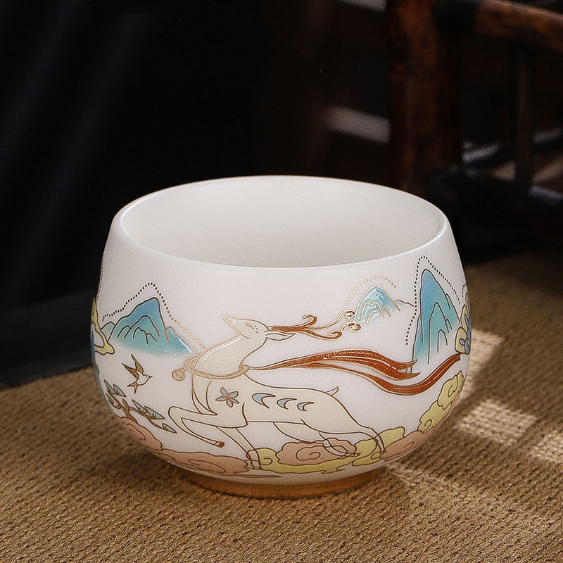 Dragon Cicada Ceramic Tea Bowl - gilded celestial deer with turquoise mountains and flowing ribbon on white jade porcelain