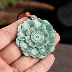 Jade Lotus Pendant Necklace – hand-held carved jade lotus with natural mottled green texture, Authentic
