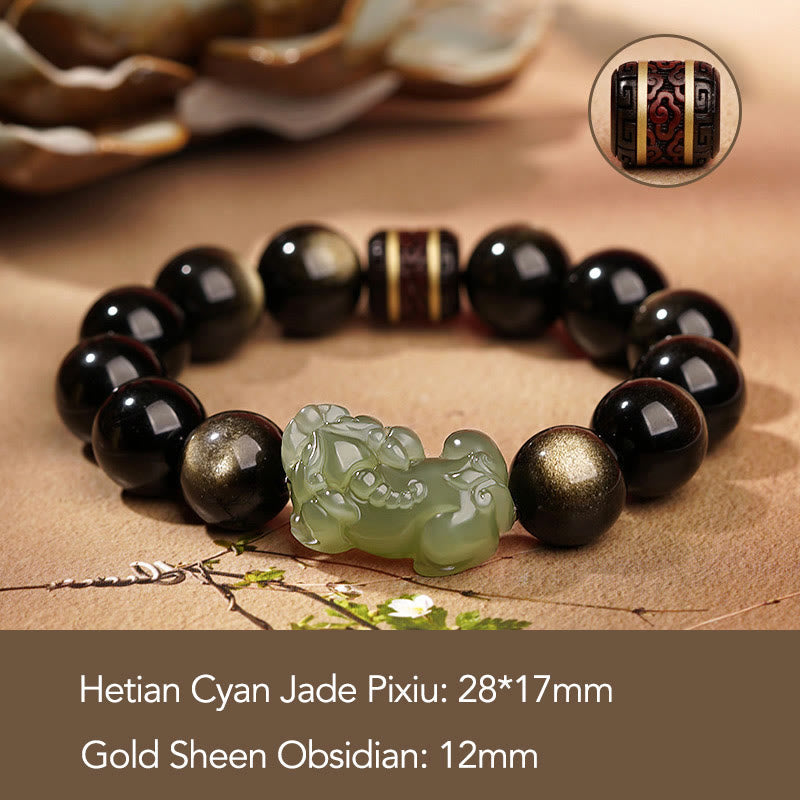 Gold Sheen Obsidian Hetian Jade PiXiu Wealth Bracelet – Green jade PiXiu 12mm gold sheen obsidian with size text overlay