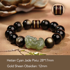 Gold Sheen Obsidian Hetian Jade PiXiu Wealth Bracelet – Green jade PiXiu 12mm gold sheen obsidian with size text overlay