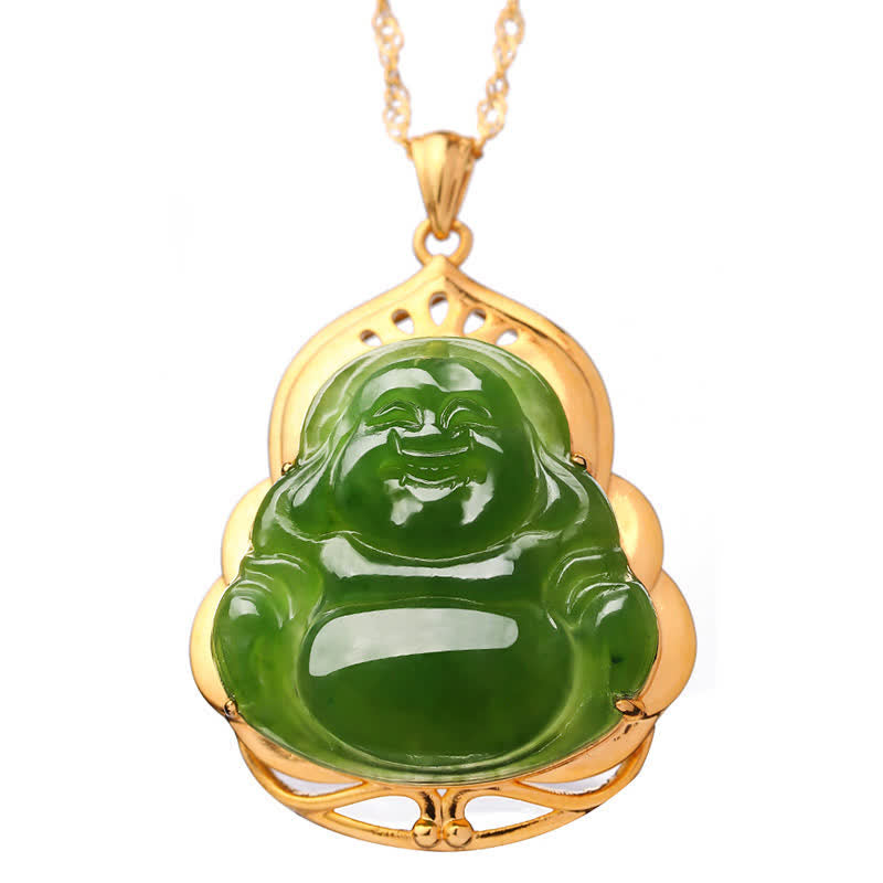 925 Silver Hetian Cyan Jade Laughing Buddha 18K Gold Necklace – gold halo border detail, Buddhist luxury pendant