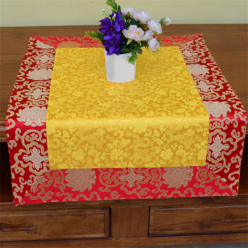 Dragon Vajra Altar Table Runner – Red base yellow overlay set, flowers on wood, luxurious