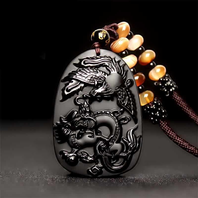 Black Obsidian Tiger Eye Dragon Phoenix Necklace – carved dragon-phoenix obsidian pendant with amber beads, protective
