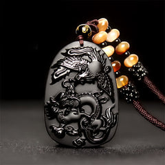 Black Obsidian Tiger Eye Dragon Phoenix Necklace – carved dragon-phoenix obsidian pendant with amber beads, protective