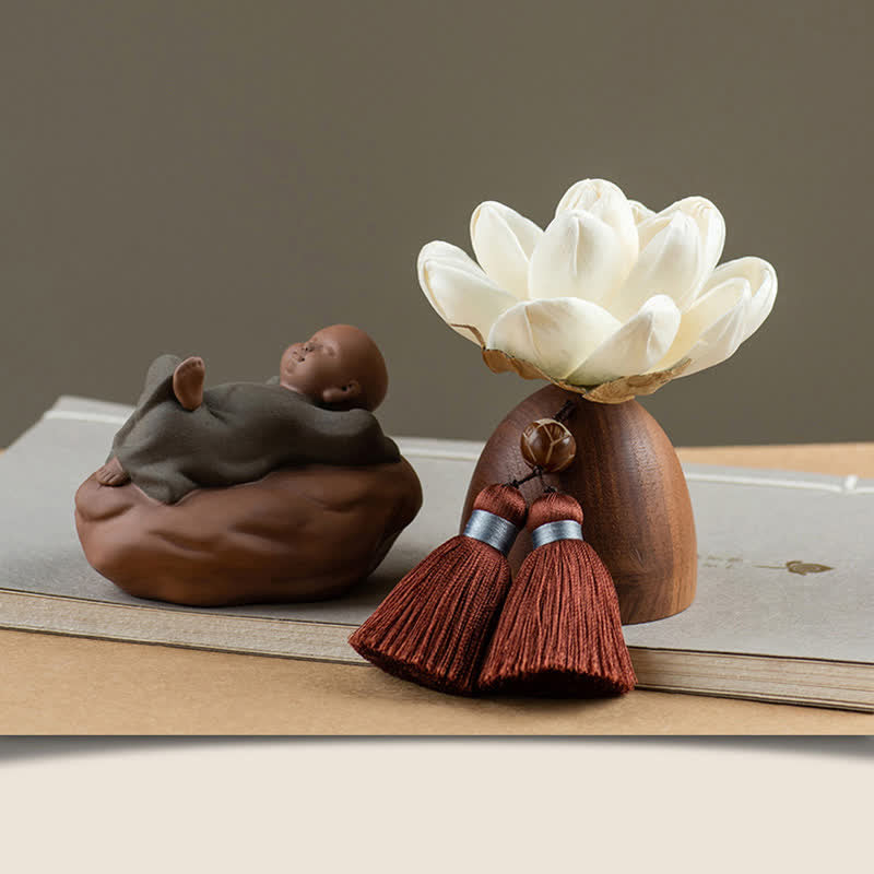 Black Peach Wood Buddha Flower Decoration – wooden base or stand detail, stable tabletop ornament