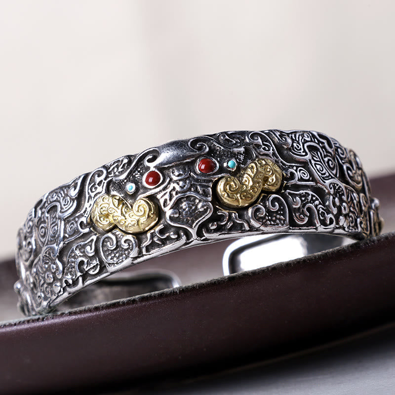 PiXiu Engraved Blessing Bracelet Bangle – silver engraved blessing bangle on dark leather surface, Feng Shui cuff