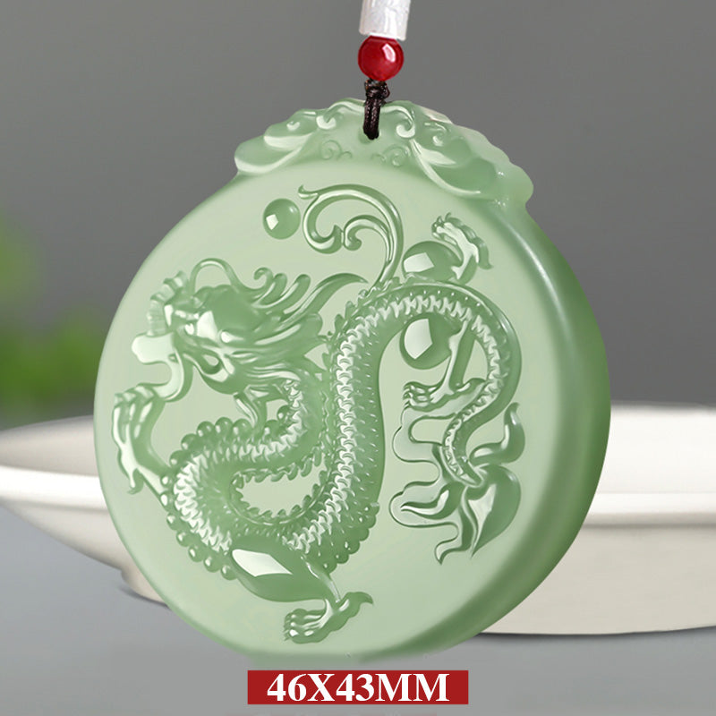 Chinese Zodiac Dragon Jade Necklace - 46x43mm jade dragon pendant with dimension label, prosperity jade