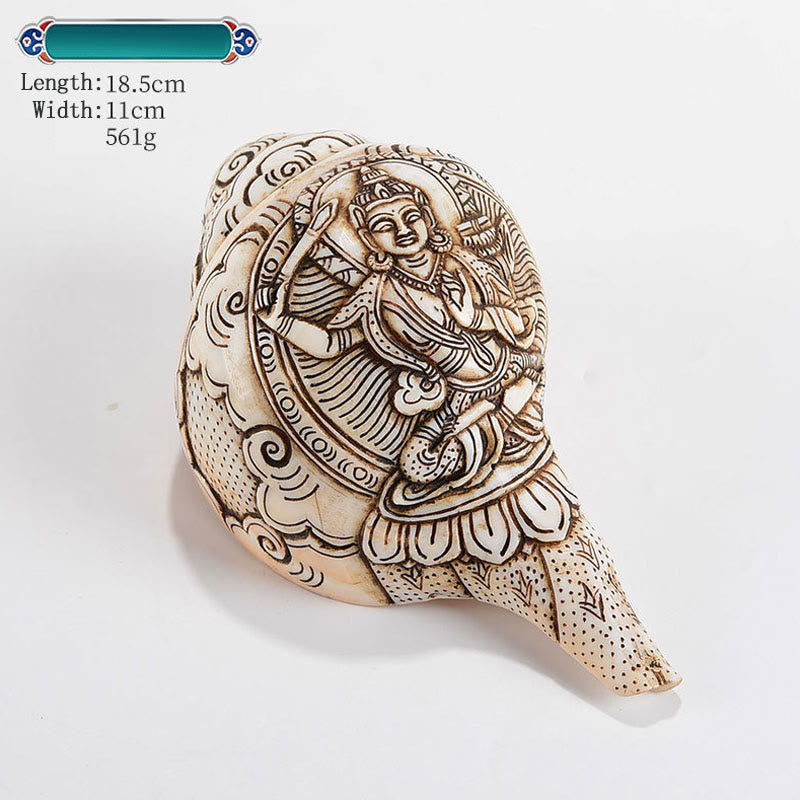 Engraved Shankha Wealth Conch – conch apex detail with engraved dhvaja banner, victory symbol craft
