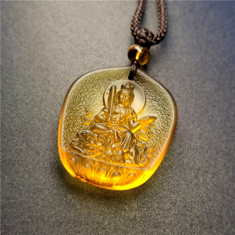 Chinese Zodiac Natal Buddha Liuli Pendant - Manjushri bodhisattva holding wisdom sword, golden, Insightful