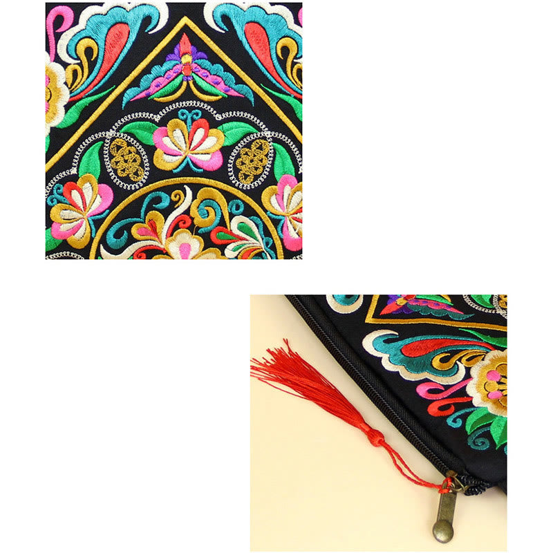 Dragon Butterfly Embroidery Wallet - Split of flat pattern and zipper with tassel, Detailed