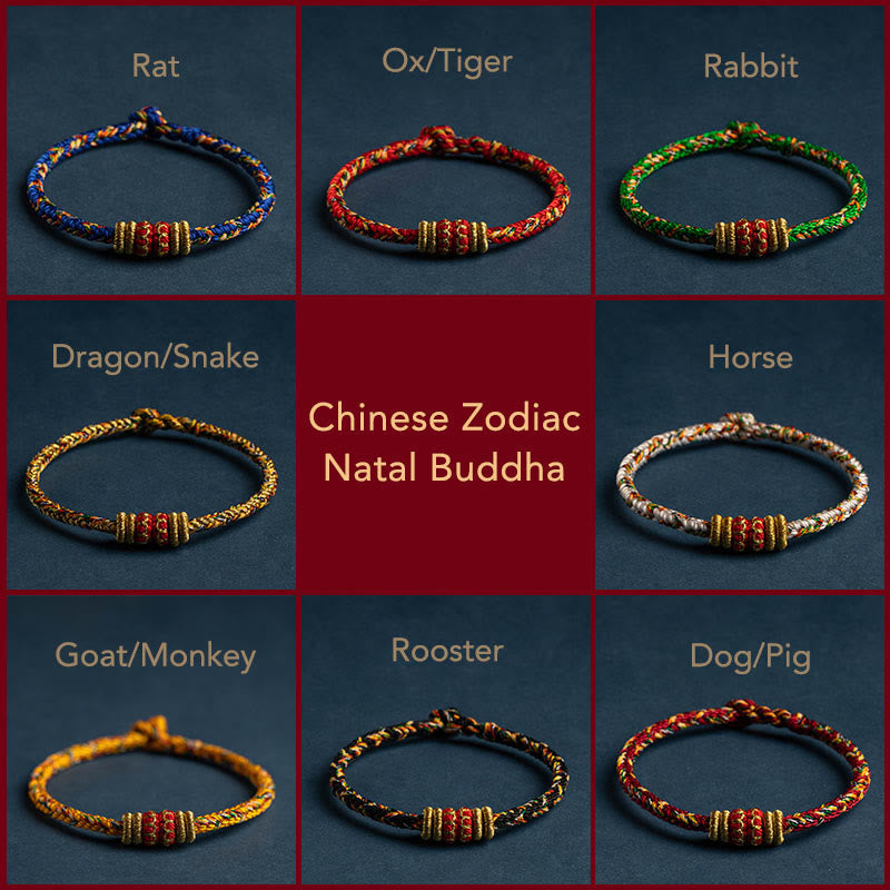 Chinese Zodiac Natal Buddha braided cord bracelets collection grid, adjustable knot bracelets for all 12 zodiac animal signs in traditional colors