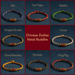Chinese Zodiac Natal Buddha braided cord bracelets collection grid, adjustable knot bracelets for all 12 zodiac animal signs in traditional colors