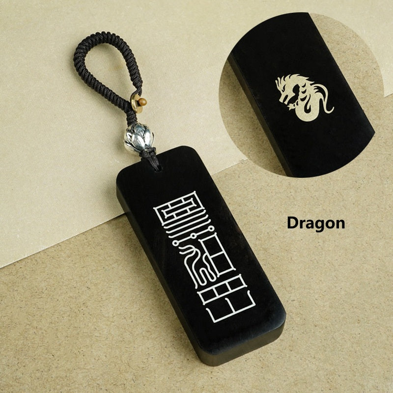 Ebony Big Dipper zodiac keychain with silver inlay Rooster symbol and celestial script