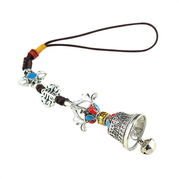 Tibetan Vajra Dorje Car Hanging – Ornate silver bell with stone inlays and lotus crown, Tibetan pendant