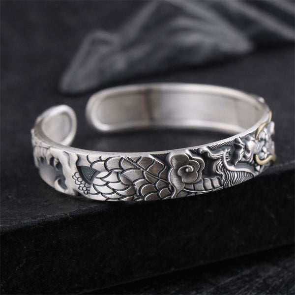 Dragon Scale Sterling Silver Cuff – Intricate scale and cloud engraving along oxidized silver band, Luck