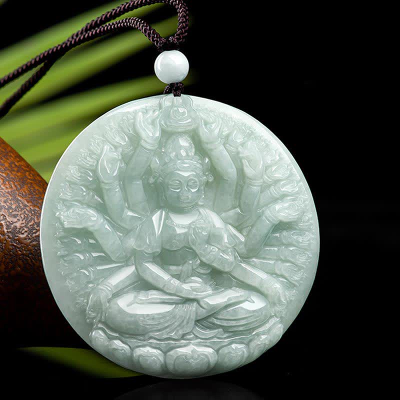 Thousand-Hand Kwan Yin Jade Necklace – close-up of mongoose attribute, spiritual abundance sculpture