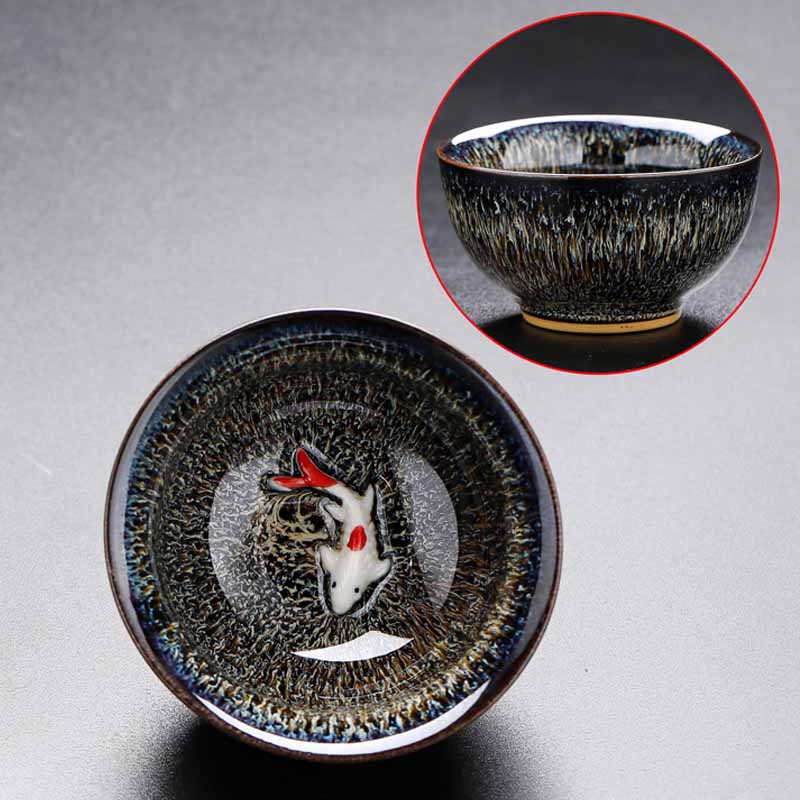 Jianzhan Koi Teacup – close-up of koi fish detail in oil spot glaze, jianzhan cup