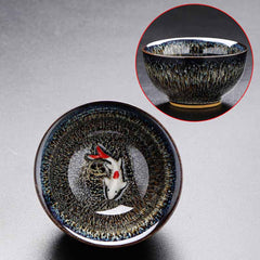 Jianzhan Koi Teacup – close-up of koi fish detail in oil spot glaze, jianzhan cup