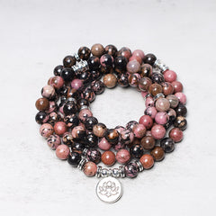 108 Mala Beads Rhodonite Lotus Bracelet – Coiled pink rhodonite beads with silver lotus charm, compassion