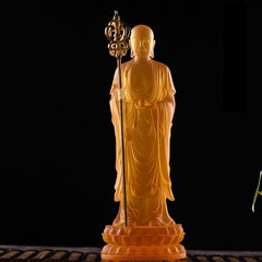 Ksitigarbha Liuli Crystal Figurine – Handcrafted Jizo Bosatsu in warm honey tones, zen decor