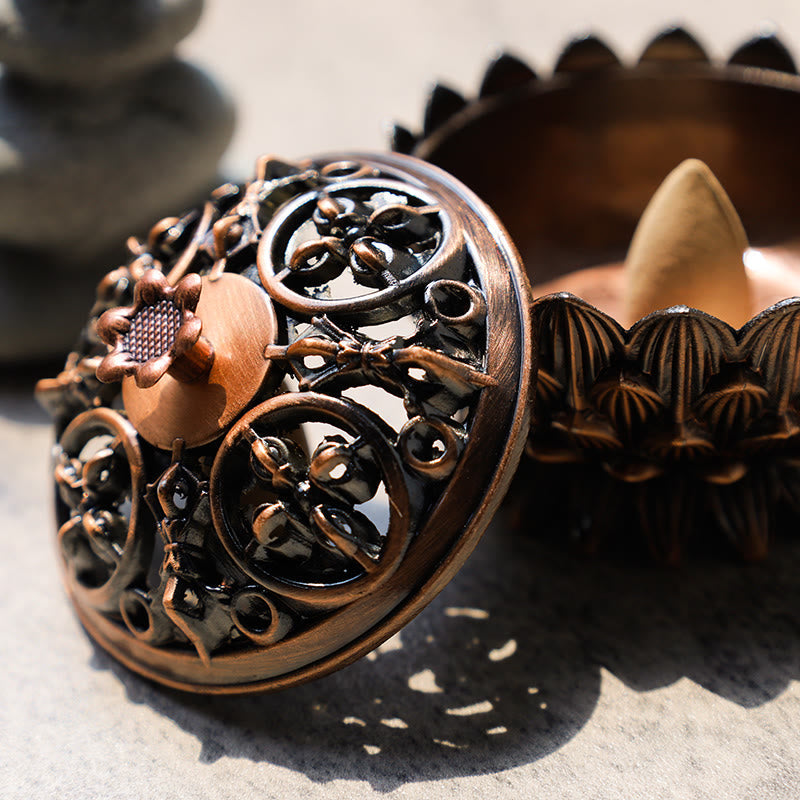 Lotus Incense Burner detached lid, ornate floral openwork and cone inside, calming