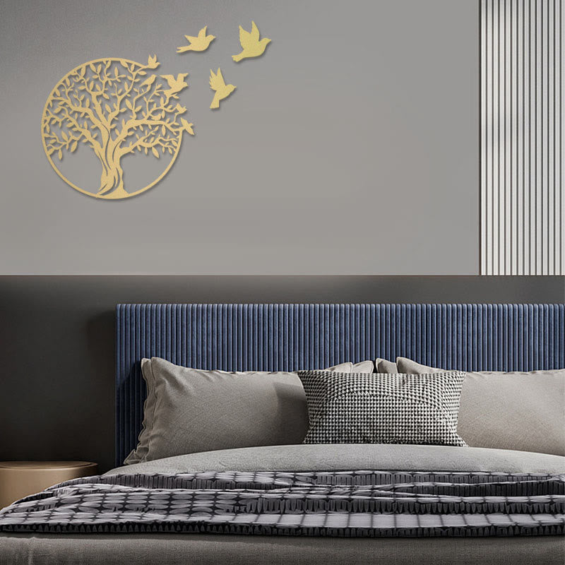Tree of Life Birds Metal Wall Art - gold tree with birds in bedroom with navy headboard and oak nightstand