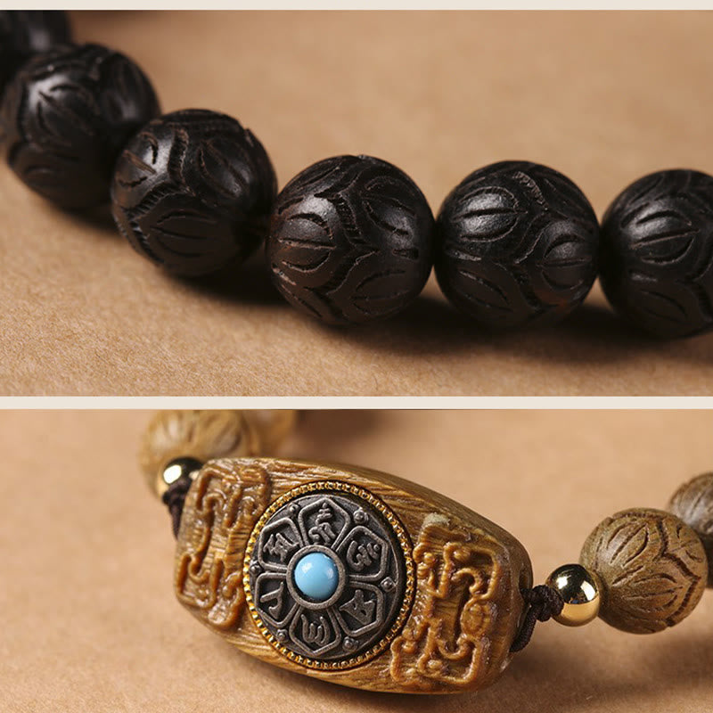 Green Sandalwood & Ebony Soothing Bracelet – split detail of ebony lotus beads and carved mantra barrel charm with turquoi...