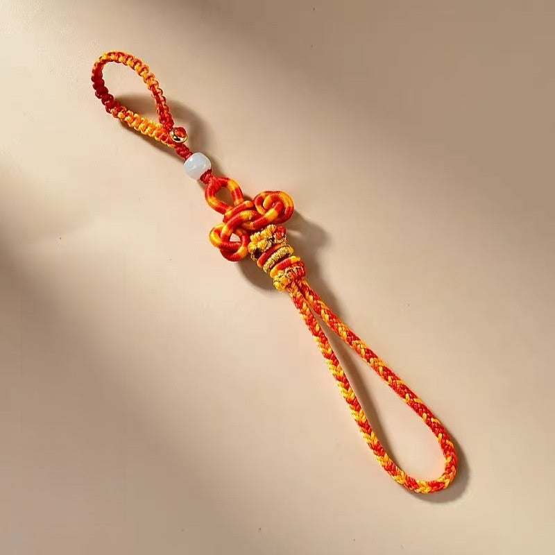 红黄色文昌结手机挂绳彩色编织款，配金色花饰
