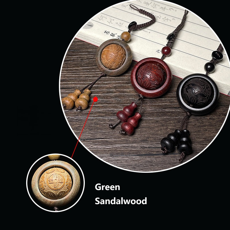 Feng Shui Sandalwood Keychain with Luminous Bead – Three wood variations, Green Sandalwood carved blessing detail close-up