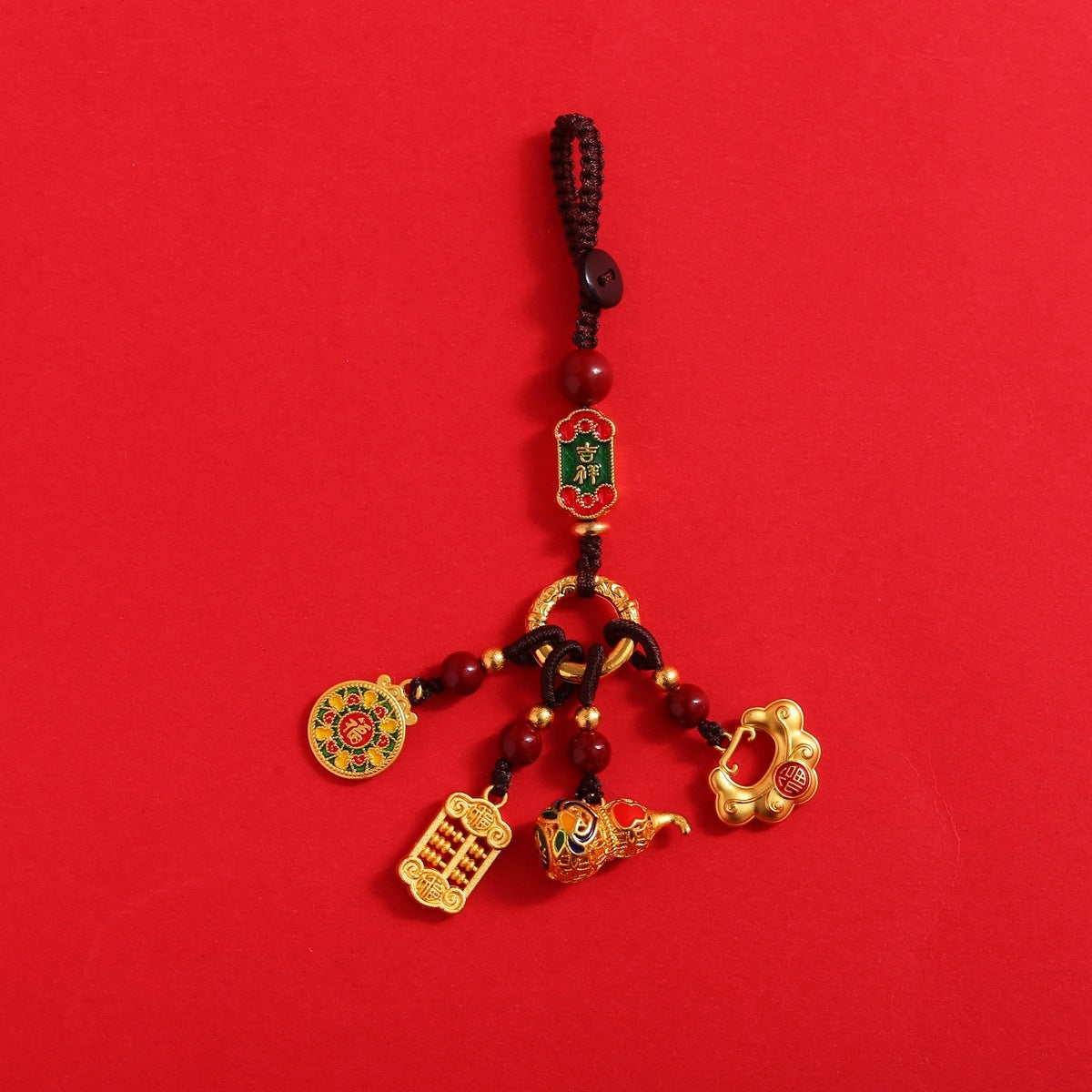 Brown cord multi-charm keychain with gold abacus, calabash, ruyi lock and auspicious plaque