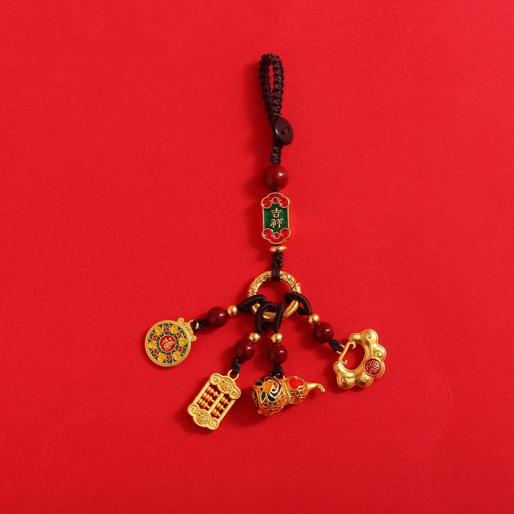 Brown cord multi-charm keychain with gold abacus, calabash, ruyi lock and auspicious plaque