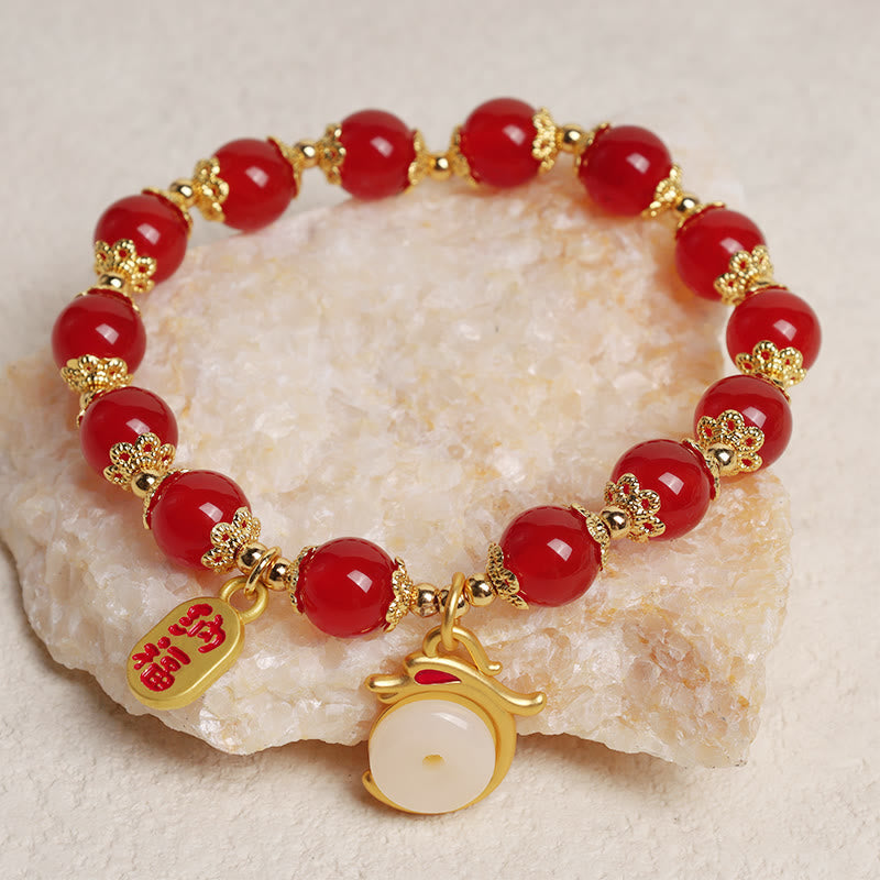 Red Agate Aventurine Dragon Bracelet – Red beads on crystal prop with zhao cai and coin charm, Luxurious