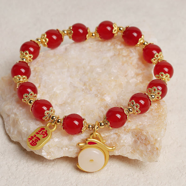 Red Agate Aventurine Dragon Bracelet – Red beads on crystal prop with zhao cai and coin charm, Luxurious