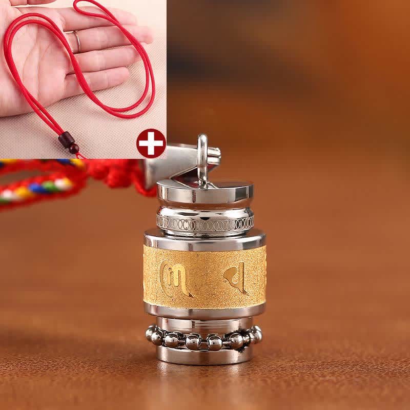 Om Mani Padme Hum Amulet – Steel pendant with red cord, Tibetan mantra, spiritual necklace