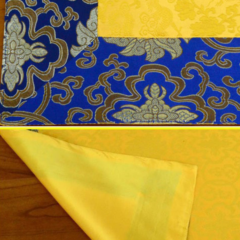 Dragon Vajra Altar Table Runner – Blue gold flat lay and draped fold on wood, detailed