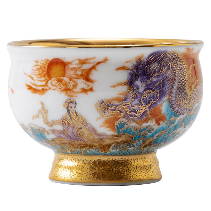 Golden Eagle Dragon Gilt Ceramic Teacup – purple dragon confronting robed deity with gold outlines, side profile, mythological