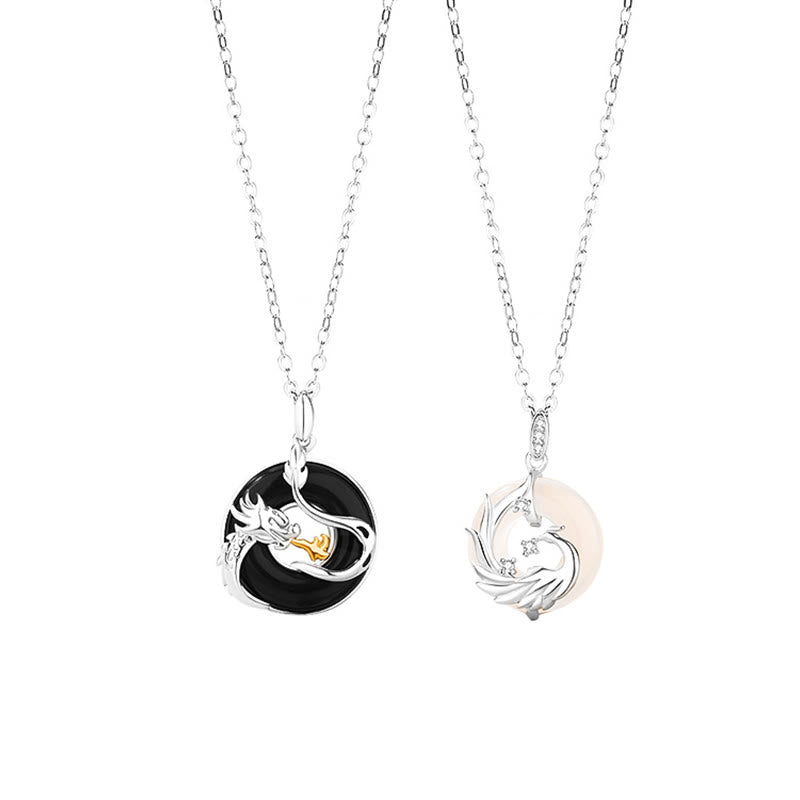 Black Onyx Dragon Phoenix Pendant - frontal view matching dragon phoenix silver necklaces, Togetherness