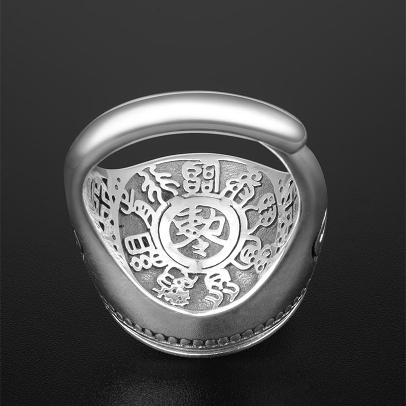 Yin Yang Copper Adjustable Ring – Silver ring with Chinese character mandala engraving, statement ring