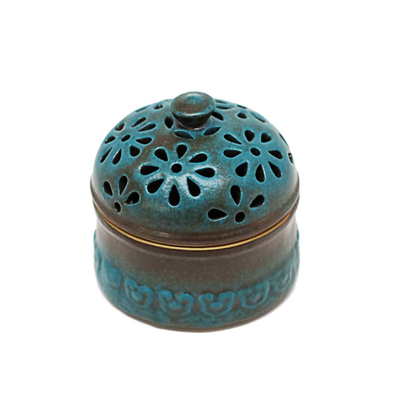 Mini Ceramic Incense Burner - White background view of pierced dome and bronze base band