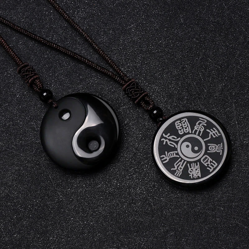 Black Obsidian Nine-Character Mantra Necklace – Matching couple pendant set, Yin-Yang and Bagua trigram design, black stone