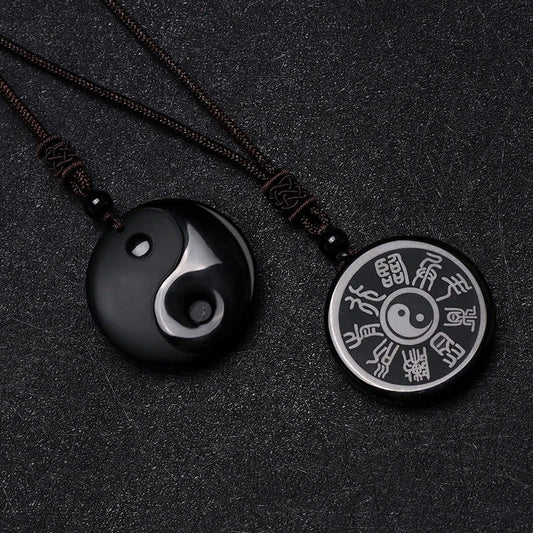 Black Obsidian Nine-Character Mantra Necklace – Matching couple pendant set, Yin-Yang and Bagua trigram design, black stone
